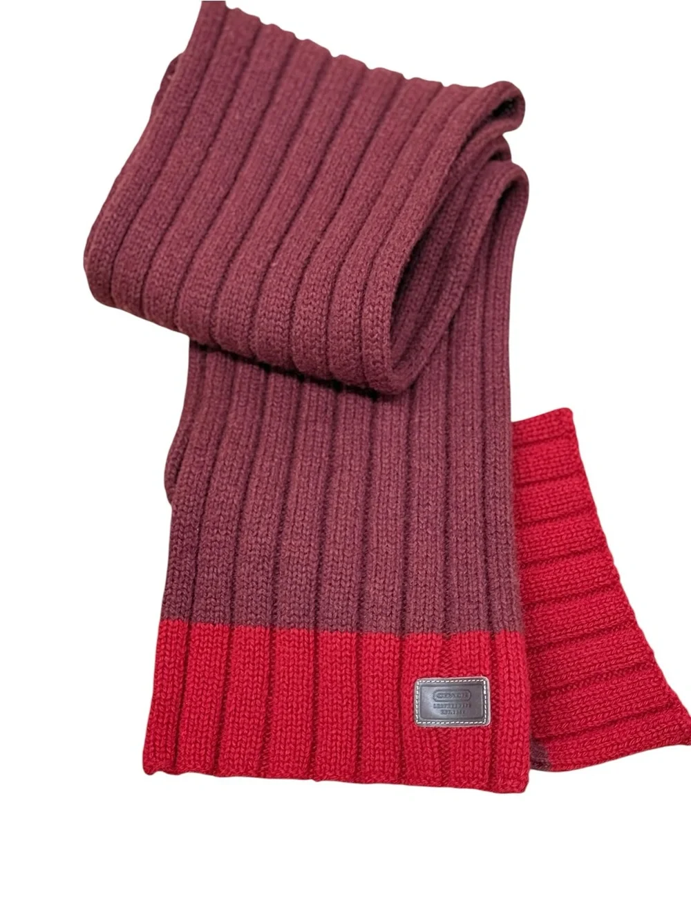 Coach 100% Wool Ribbed Scarf Burgundy Red Colorblock Preppy Leather Logo